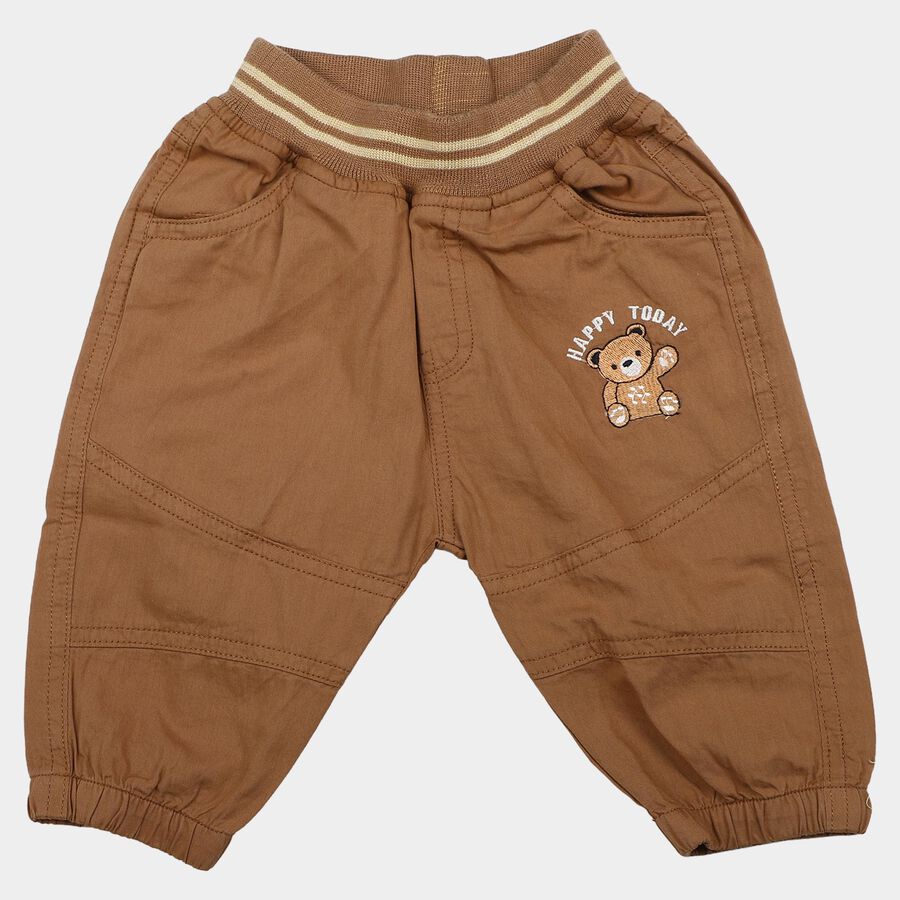 Infants Brown Jogger Fit Teddy Print Trousers, गहरा पीला, large