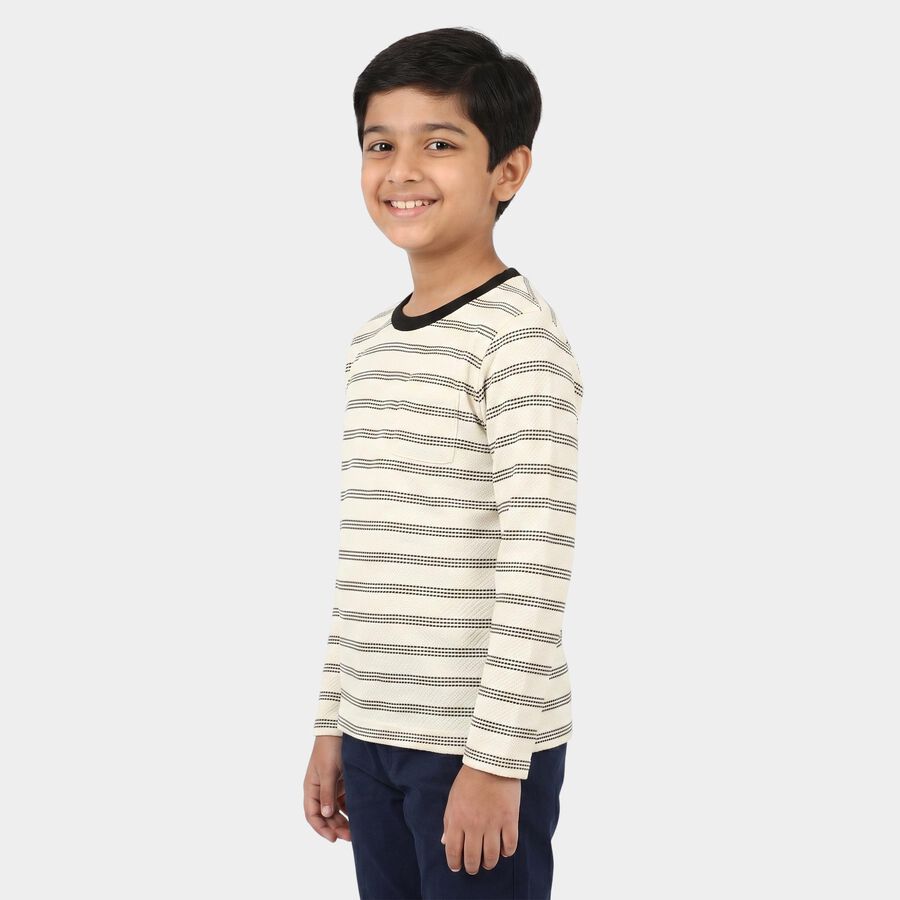 Boys' Off White Round Neck Striped Regular T-Shirt, Off White, large