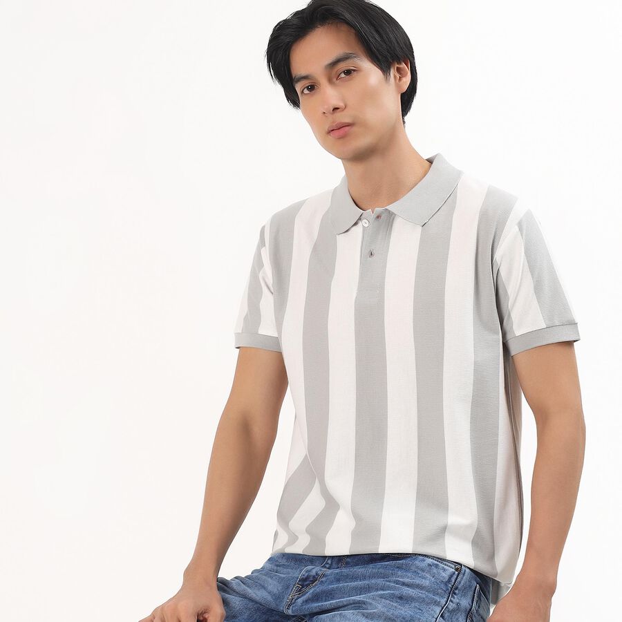 Men's Light Grey Polo Neck Striped T-Shirt, Light Grey, large image number null
