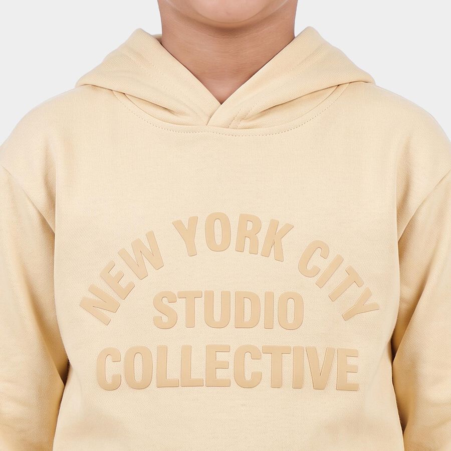 Boys' Beige Hoodie Neck Graphic Print Sweatshirt, Beige, large