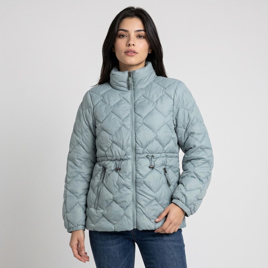 Women's Light Green Stand Collar Puffer Jacket, Light Green, large