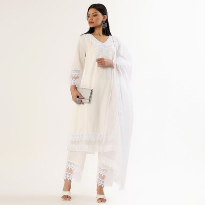 Women's White Cotton Embroidered Ethnic Set