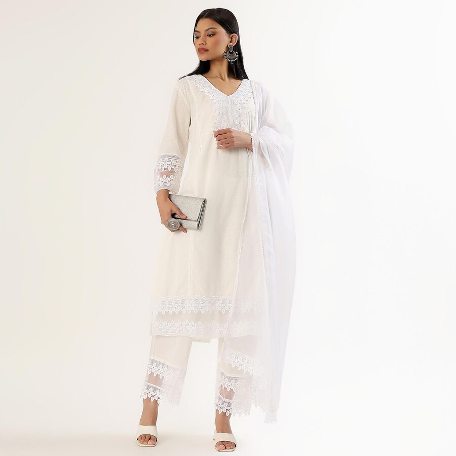 Women's White Cotton Embroidered Ethnic Set, Off White, large