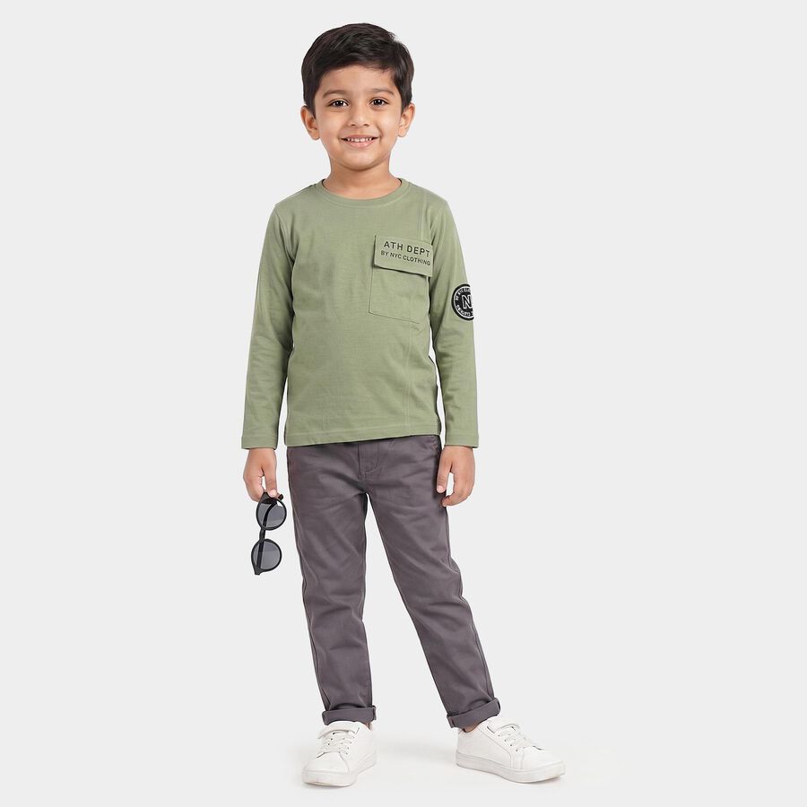 Boys Olive Green Cotton Round Neck Regular T-Shirt, Olive, large