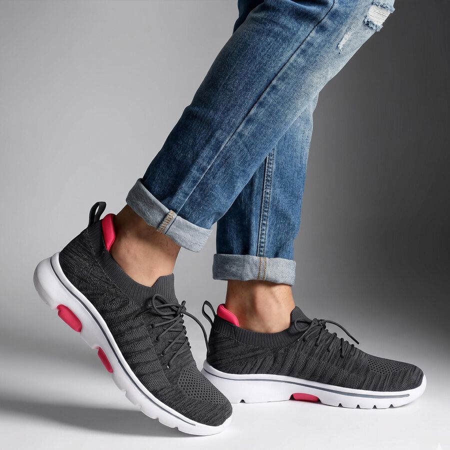Women's Grey Lace-Up Sneakers, ग्रे, large