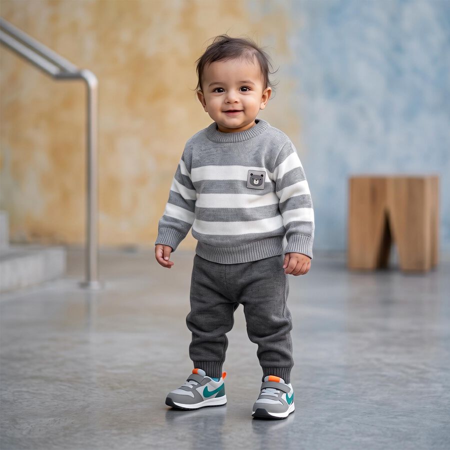 Infants Grey Crew Neck Striped Pullover, हल्का ग्रे, large