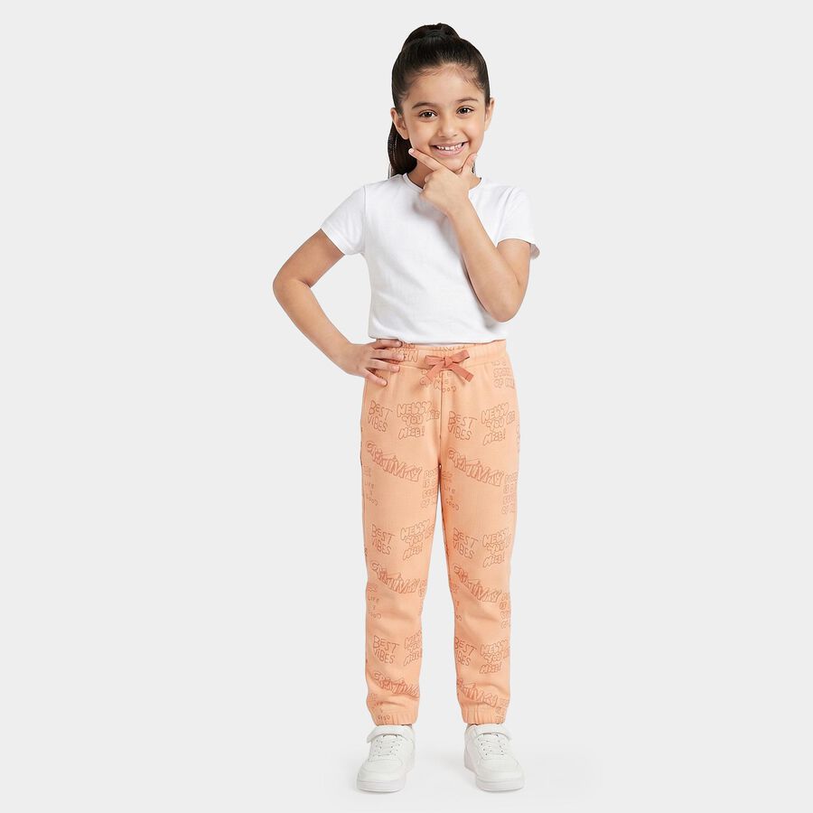 Girls Peach Regular Fit Text Printed Pyjama, पीच, large