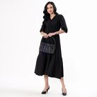 Women's Jet Black Cotton V-Neck Casual Midi Dress, Black, small