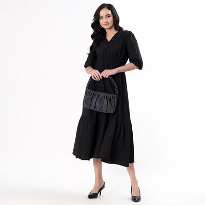 Women's Jet Black Cotton V-Neck Casual Midi Dress