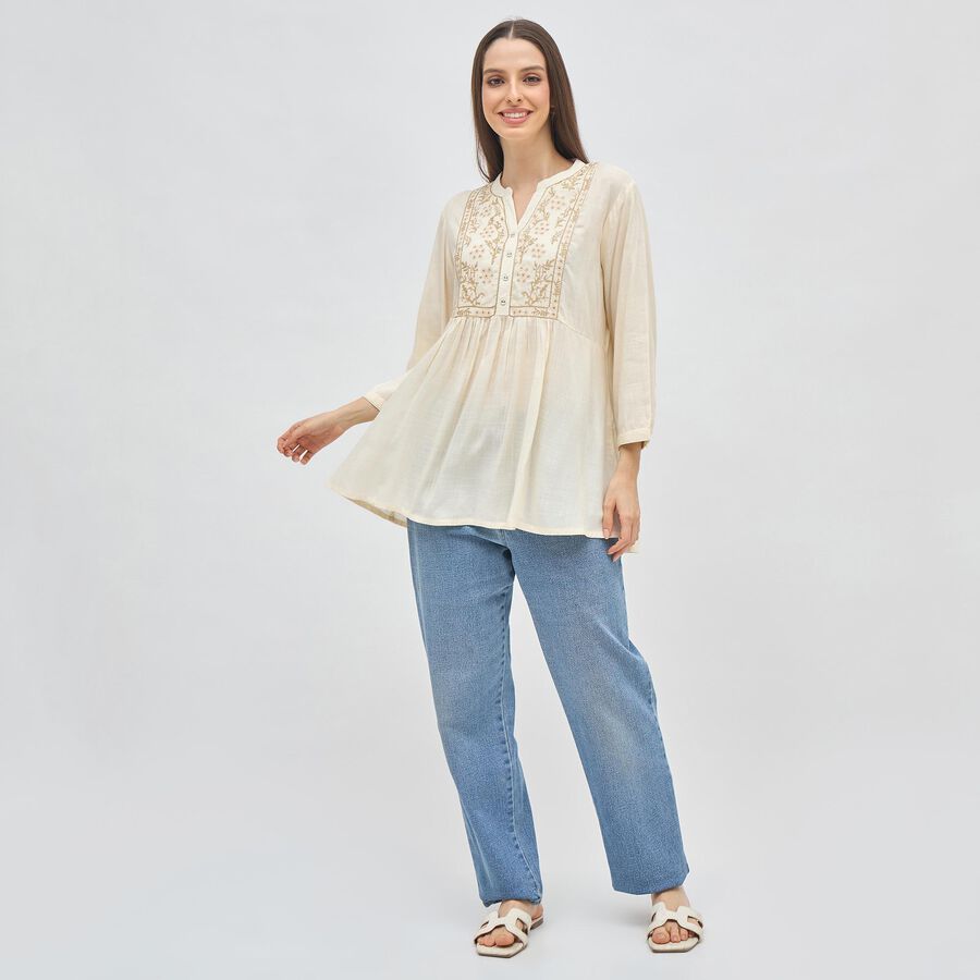 Women's Light Beige Embroidered Mandarin Collar Kurti, Beige, large image number null