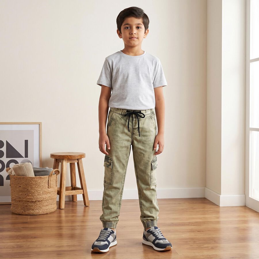 Boys Olive Green Cargo Fit Washed Jeans, Olive, large