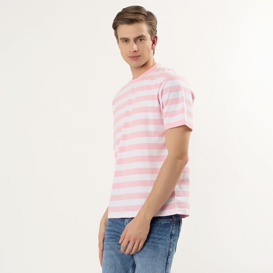 Men's Pink Round Neck Striped T-Shirt, Pink, large