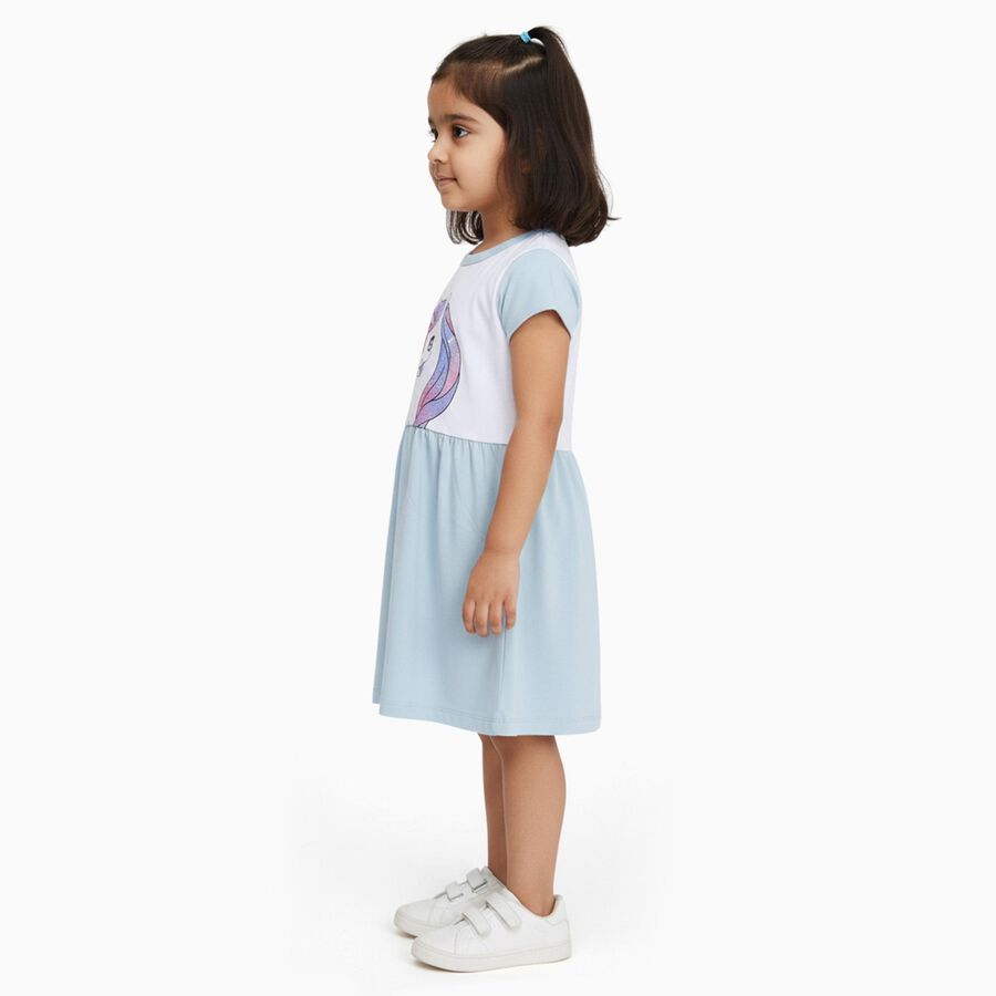 Girls' Pastel Blue and White Unicorn Printed Casual Frock, Light Blue, large image number null