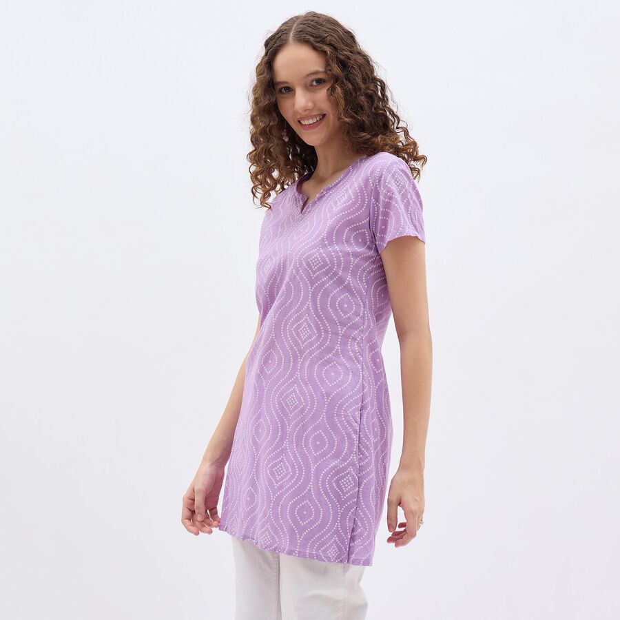 Ladies' Soft Lavender Purple Notch Neck Printed Kurti, Lilac, large