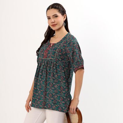 Women's Dark Teal Green Round Neck Floral Printed Kurti