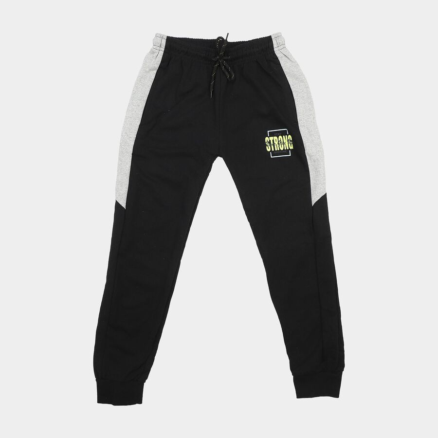 Boys' Black Graphic Print Cotton Blend Jogger Pyjama, काला, large