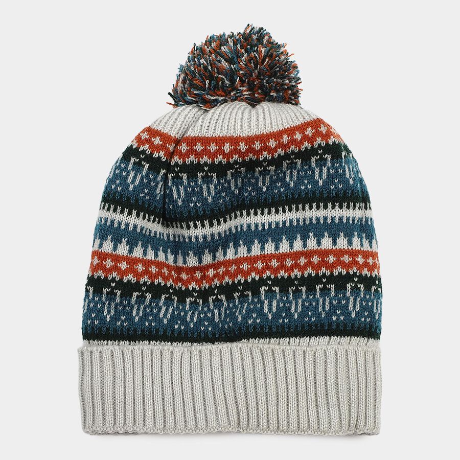 Boys' Grey Patterned Pom-Pom Beanie Cap, Light Grey, large