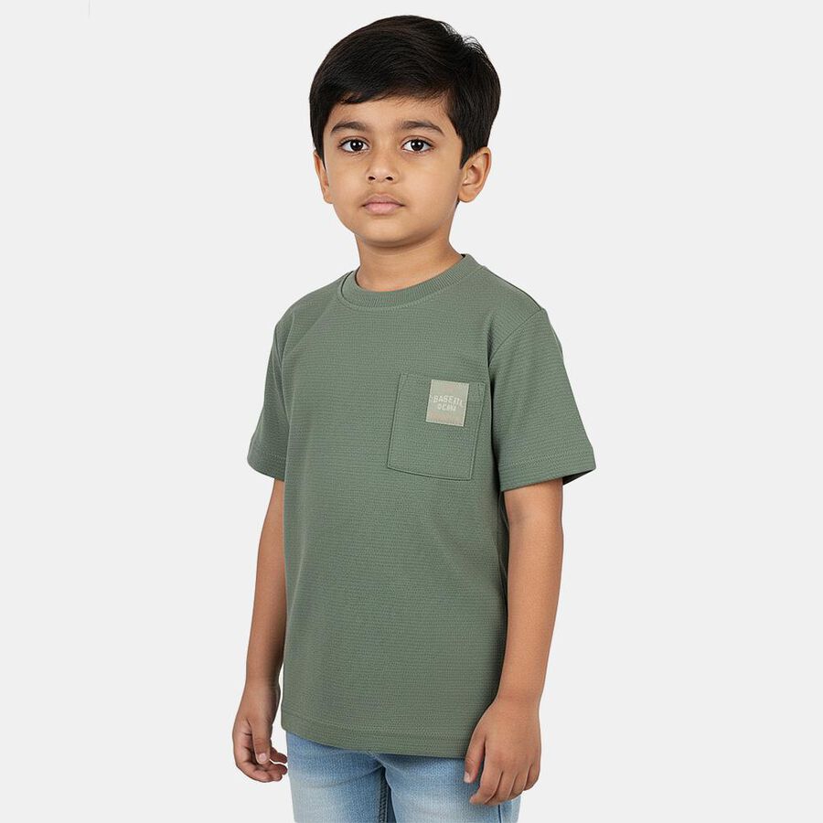 Boys' Olive Green Cotton Crew Neck Textured T-Shirt, Light Green, large