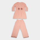 Girls' Soft Peach Embroidered V-Neck Kurta and Pant Fusion Set, Light Pink, small image number null