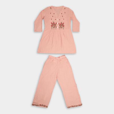 Girls' Soft Peach Embroidered V-Neck Kurta and Pant Fusion Set