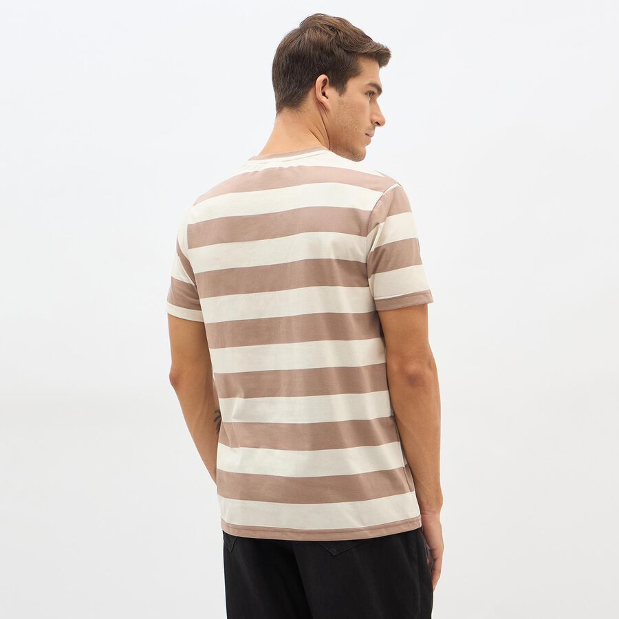 Men's Beige Round Neck Striped T-Shirt, Beige, large image number null