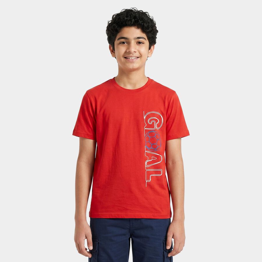 Boys Red Round Neck Regular Boys T-Shirt, लाल, large