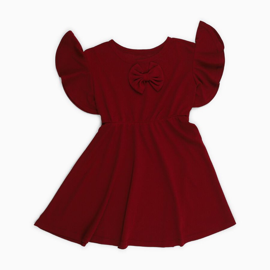 Girls Rich Maroon Bow Detail Ruffle Sleeve Dress, Maroon, large image number null