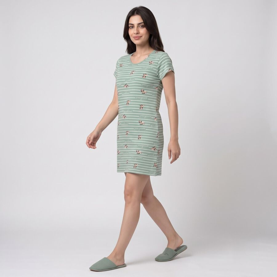 Women's Mint Green Cotton Round Neck T-Shirt Style Nighty, हल्का हरा, large