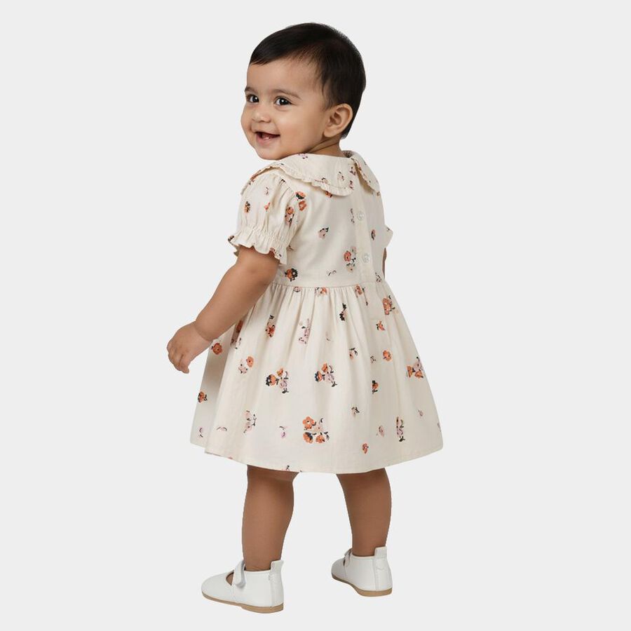 Girls' Cream Floral Print Puff Sleeve Frock, White, large