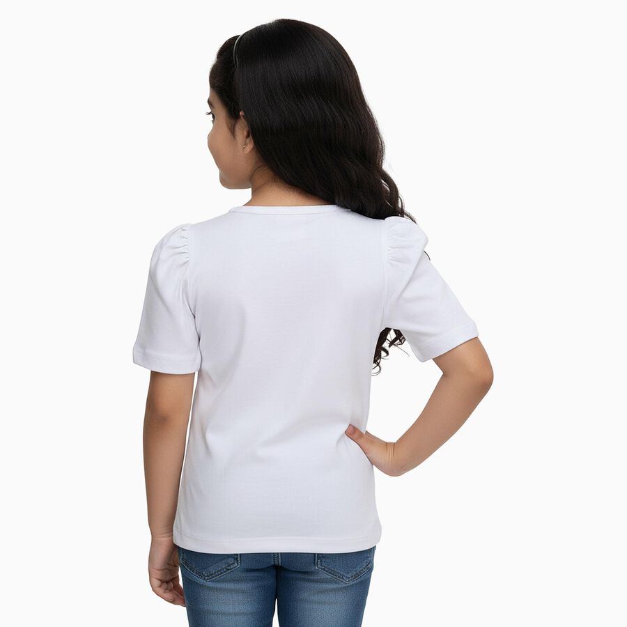Girls Bright Snow White Cotton Round Neck Casual T-Shirt, White, large
