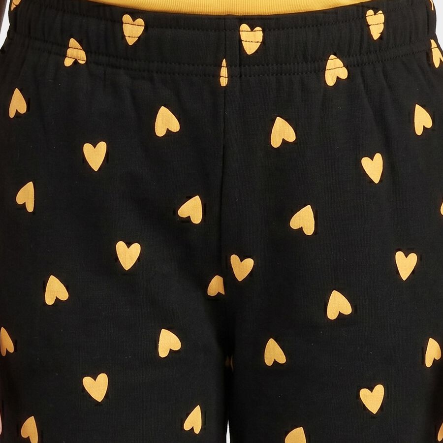 Girls' Black Jogger Fit Heart Printed Cotton Pyjama, काला, large