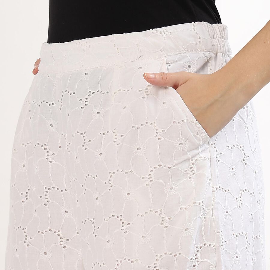 Women's Bright White Wide-Leg Embroidered Trousers, Off White, large