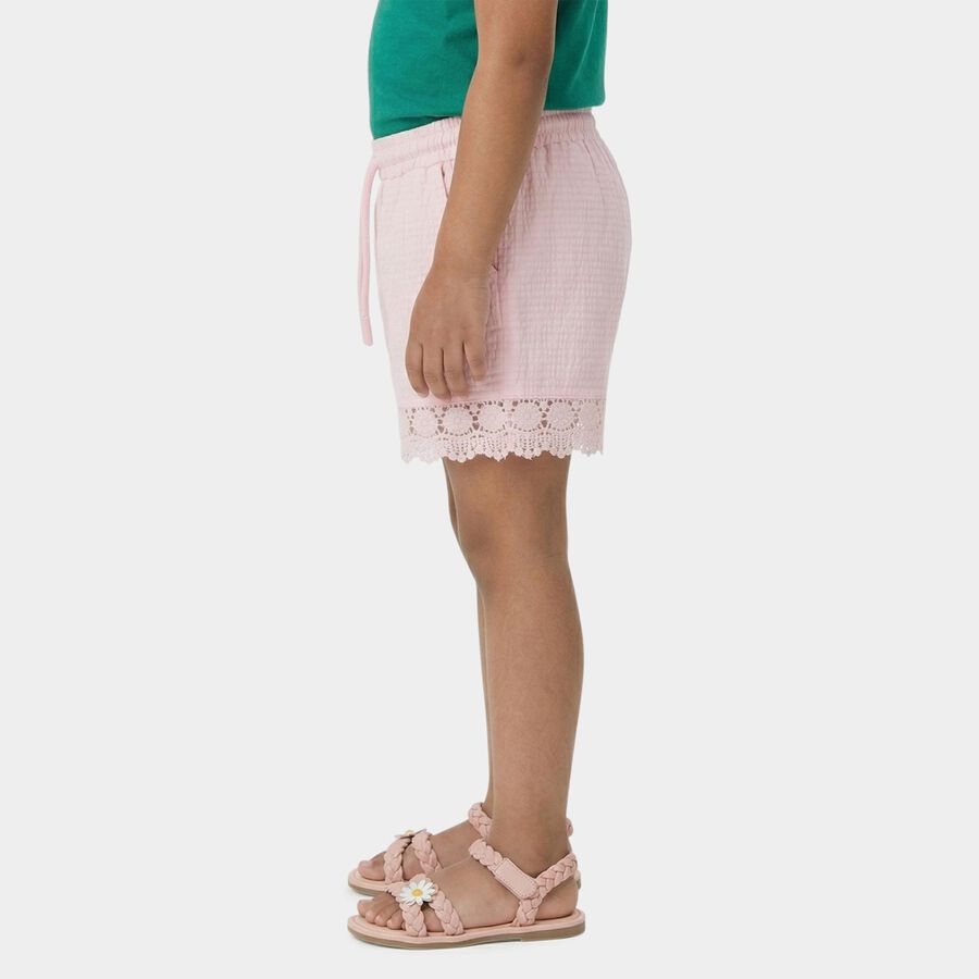 Girls' Pink Lace Hem Elastic Waist Shorts, हल्का गुलाबी, large
