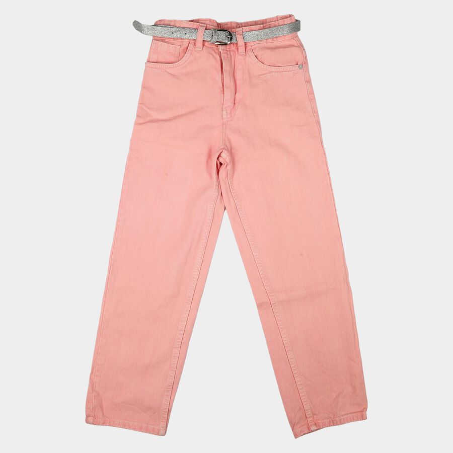 Girls Pink Straight Fit Solid Jeans, Light Pink, large