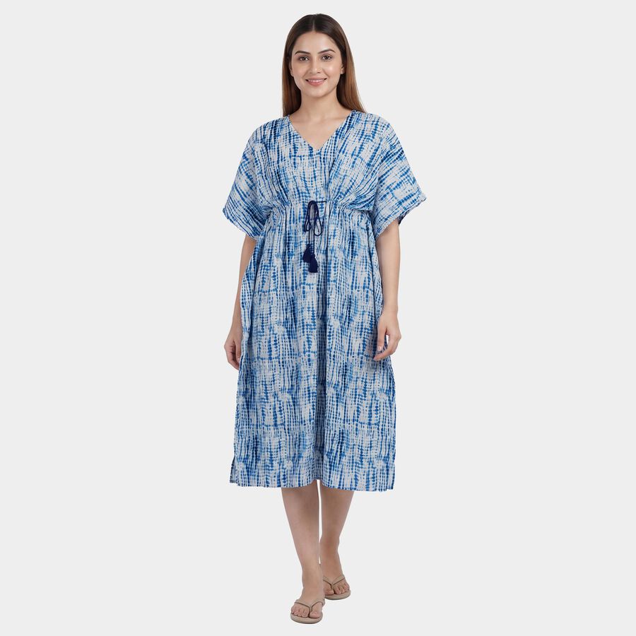 Women's Blue V-Neck Tie-Dye Kaftan Nighty, Light Blue, large