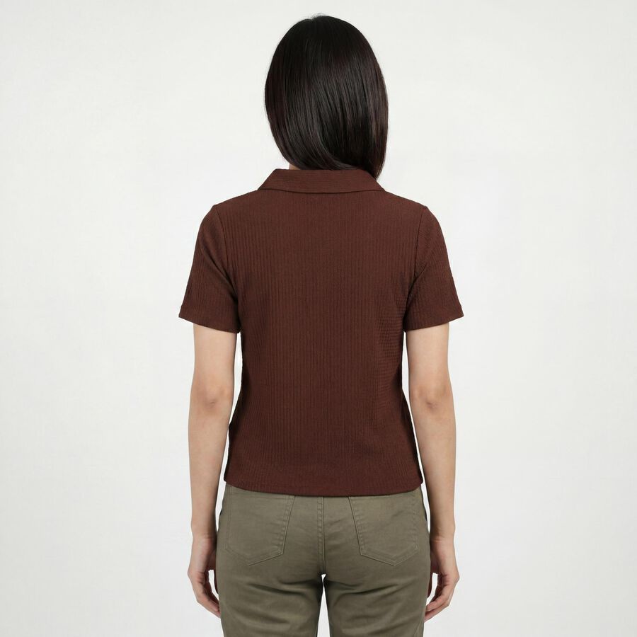 Women's Brown Polo Neck Preppy Polo T-Shirt, Brown, large