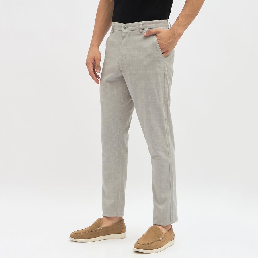 Men's Light Grey Slim Fit Flat-Front Casual Trousers, Light Grey, large image number null