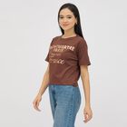 Ladies' Rich Chocolate Brown Cotton Round Neck Casual Crop T-Shirt, Brown, small