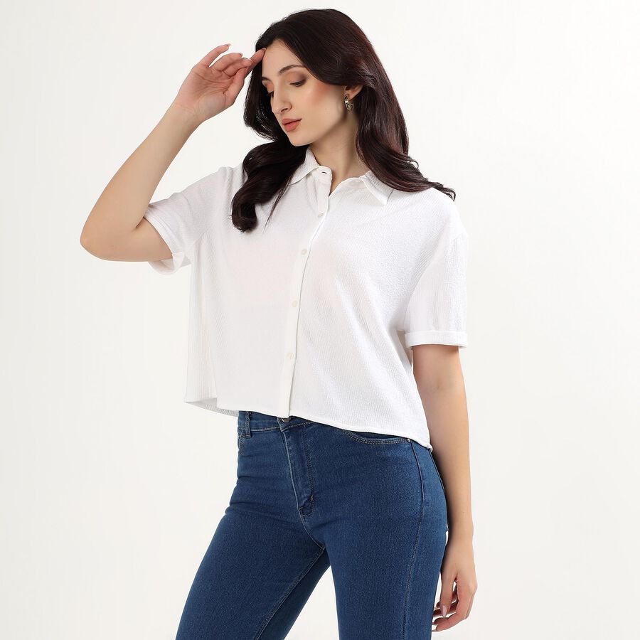 Women's Bright White Half Sleeve Classic Collar Casual Shirt, White, large