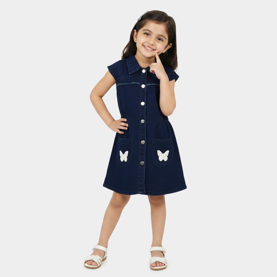Girls' Navy Blue A-Line Butterfly Applique Button-Front Frock, Dark Blue, large