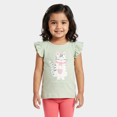 Girls Mint Green Cotton Round Neck Regular T-Shirt