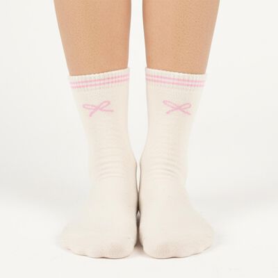 Women's Off-White Regular Fit Ankle-Length Bow Design Socks