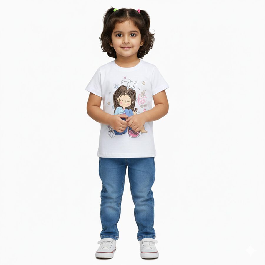 Girls White Cotton Round Neck Cartoon Printed T-Shirt, White, large