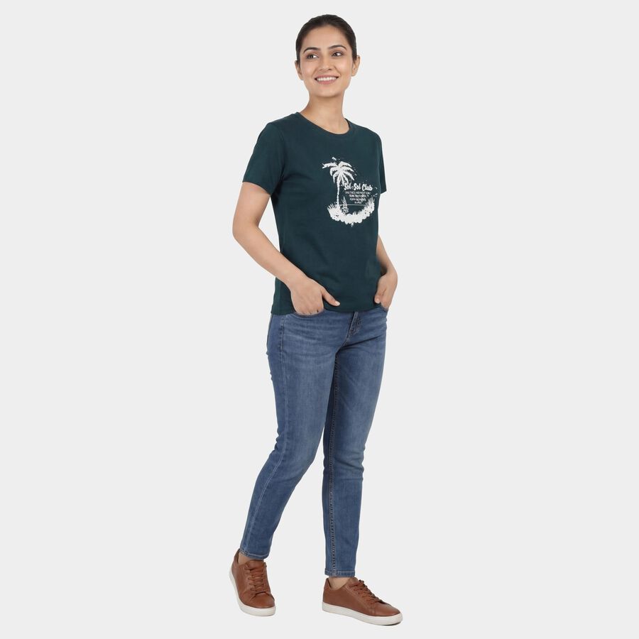 Women's Dark Green Round Neck Casual T-Shirt, Dark Green, large