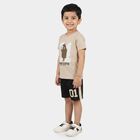 Boys Beige 100% Cotton Round Neck Graphic Print Baba Suit, गहरा पीला, small