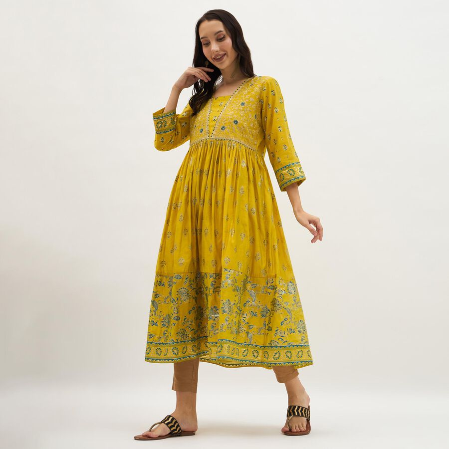 Women's Bright Mustard Yellow V-Neck Embroidered A-Line Kurta, Light Green, large image number null