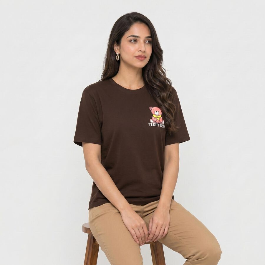 Women's Brown Cotton Round Neck Regular T-Shirt, Brown, large