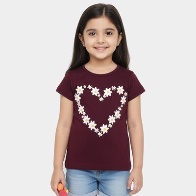 Girls Wine Cotton Blend Round Neck Casual T-Shirt