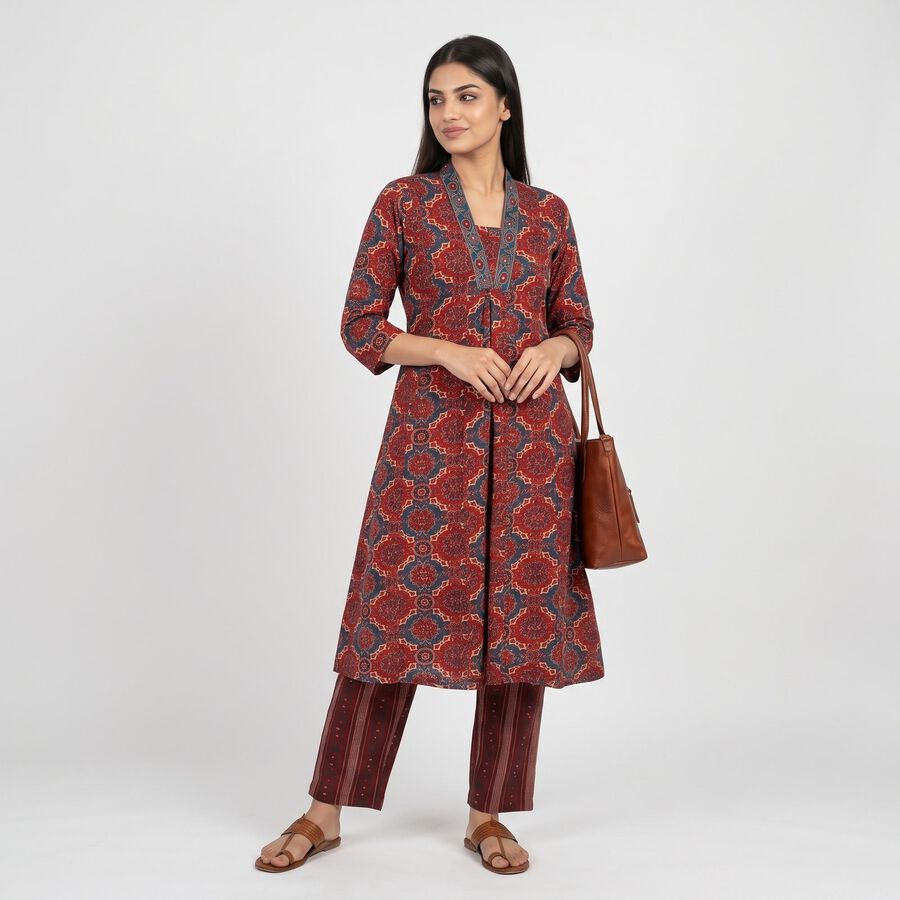 Women's Maroon V-Neck Printed Kurta, Maroon, large