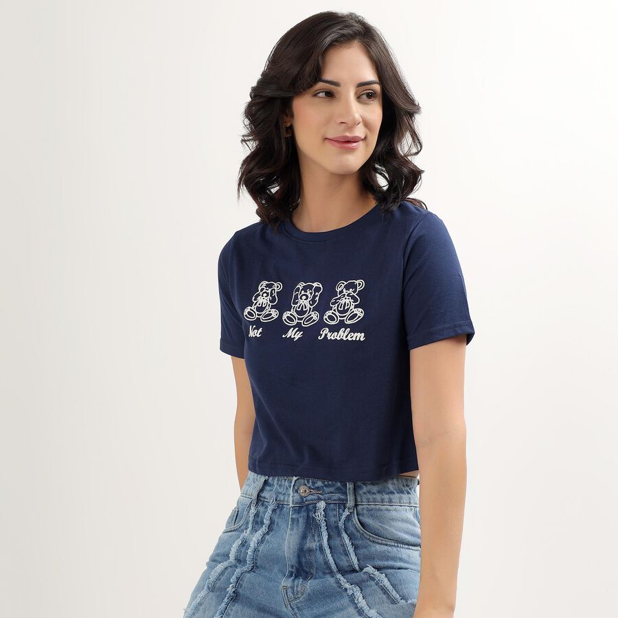 Women's Deep Midnight Navy Blue Round Neck Crop Top, Navy Blue, large image number null